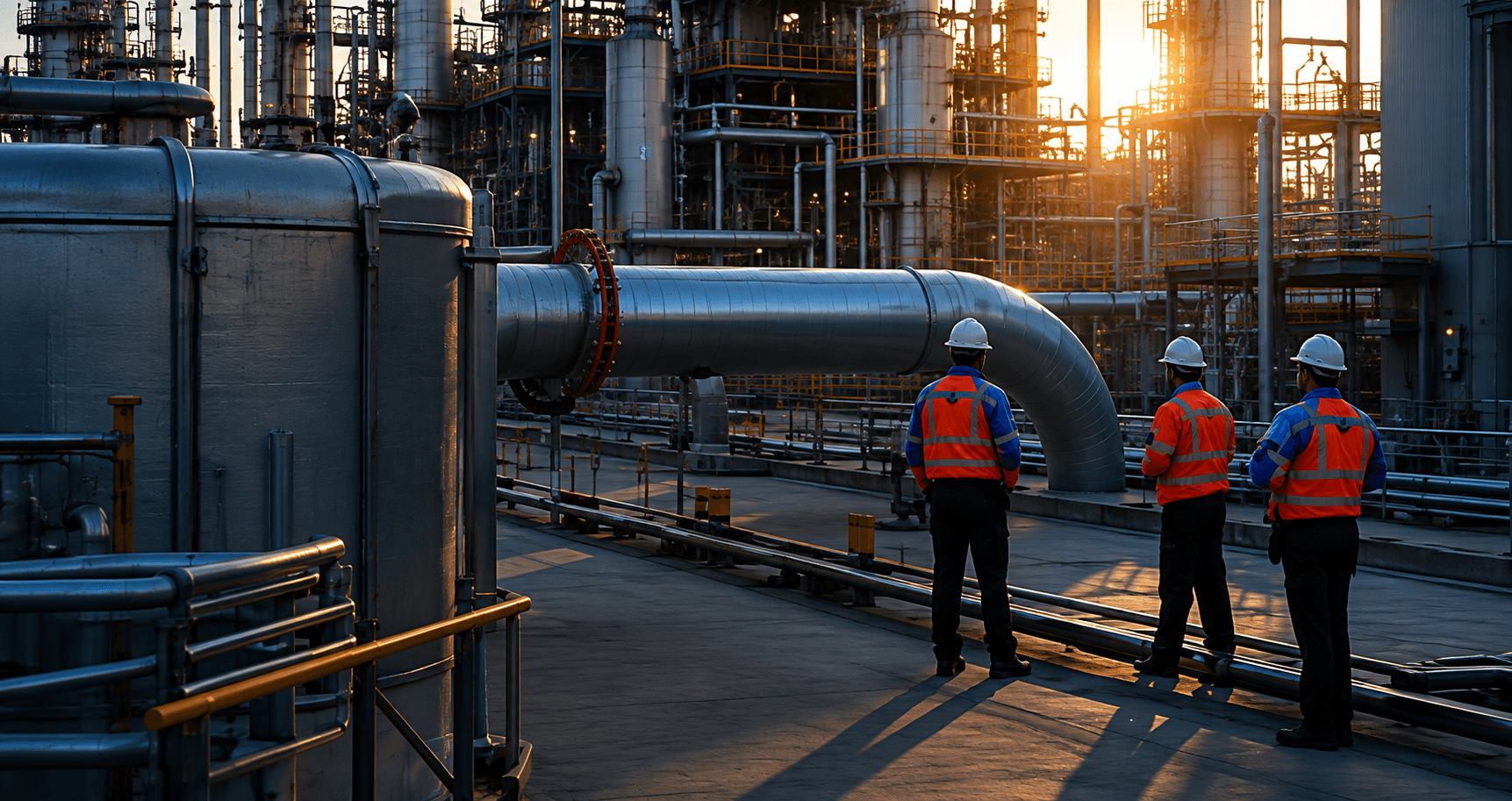 Chemieanlage mit Kolonnen und Rohrbrücken